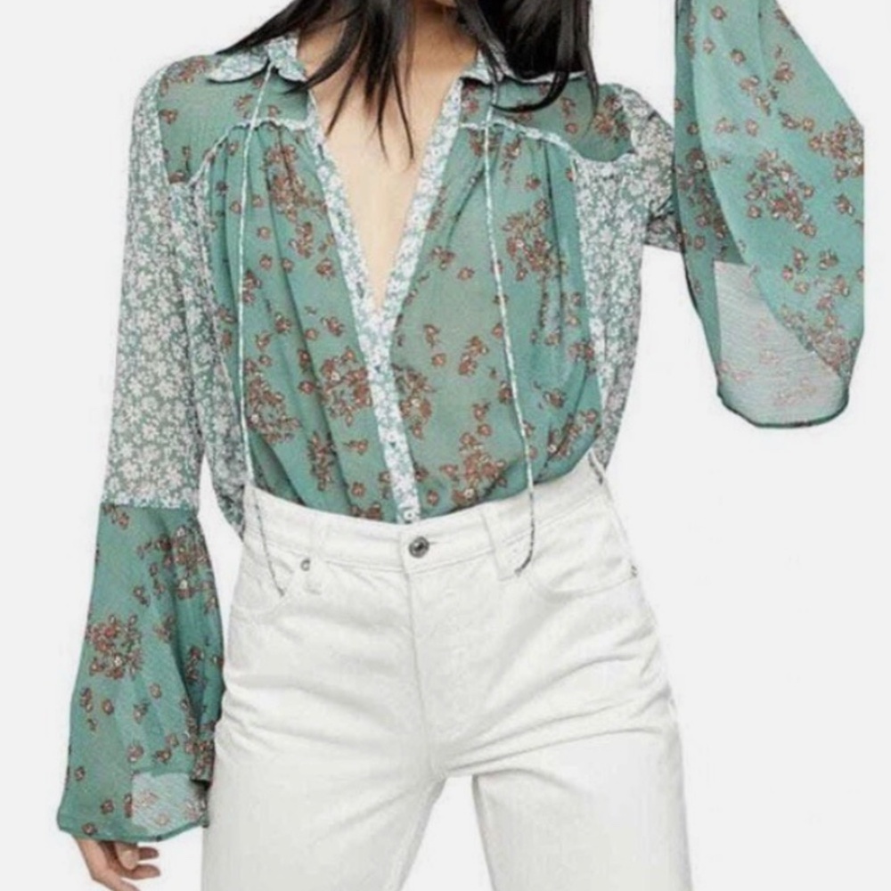 Free People sheer floral bell sleeve blouse